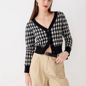 J.Crew Cashmere Crop V-neck Cardigan Sweater in Black & White Gingham XL